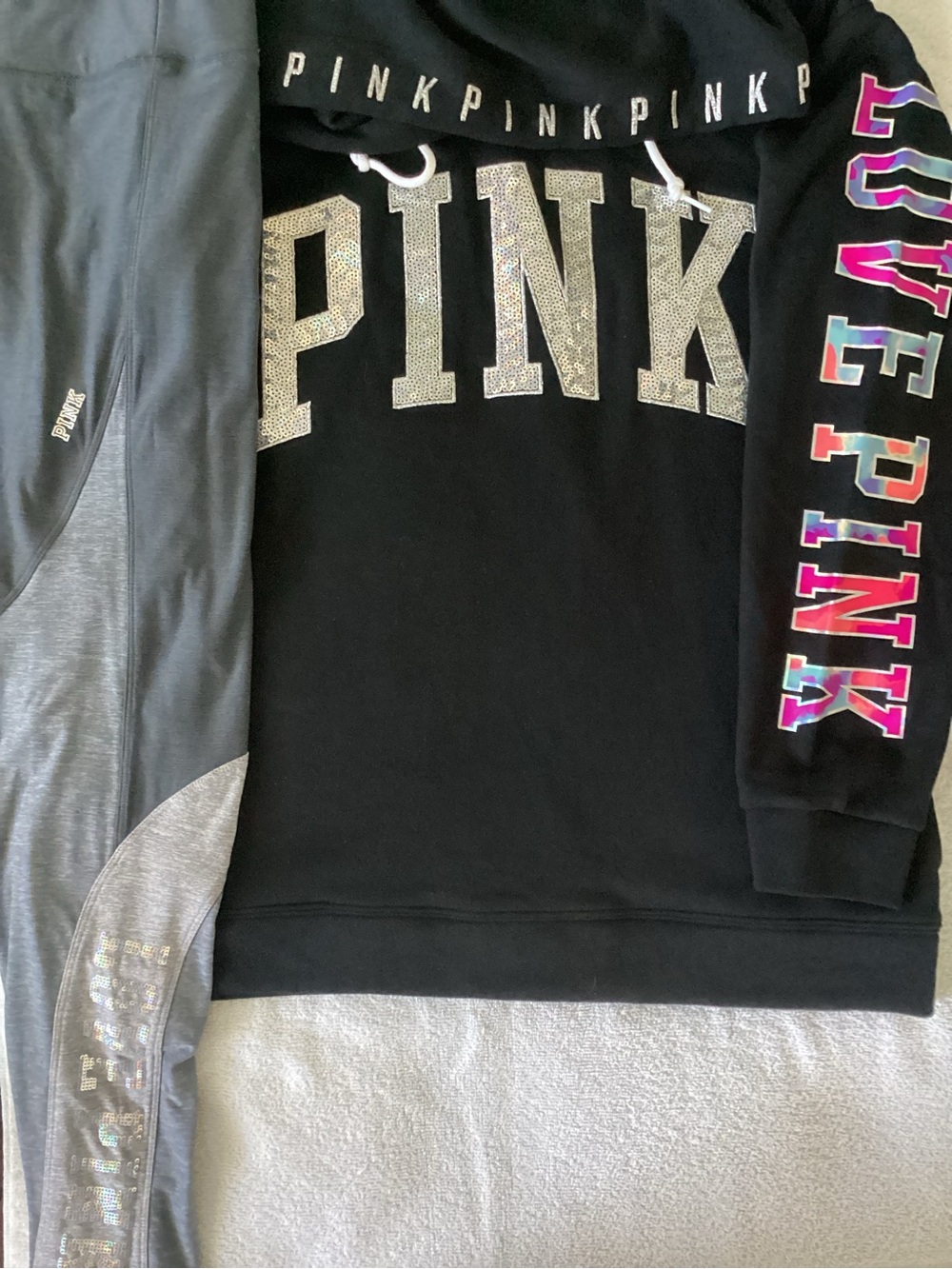Victoria’s Secret LOVE PINK BLING Watercolor Iridescent Hoodie Yoga Leggings L